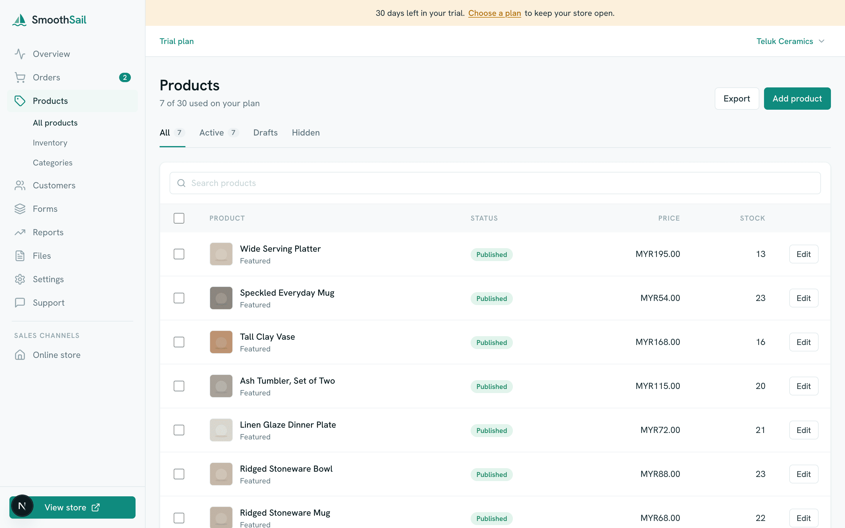 The SmoothSail merchant admin