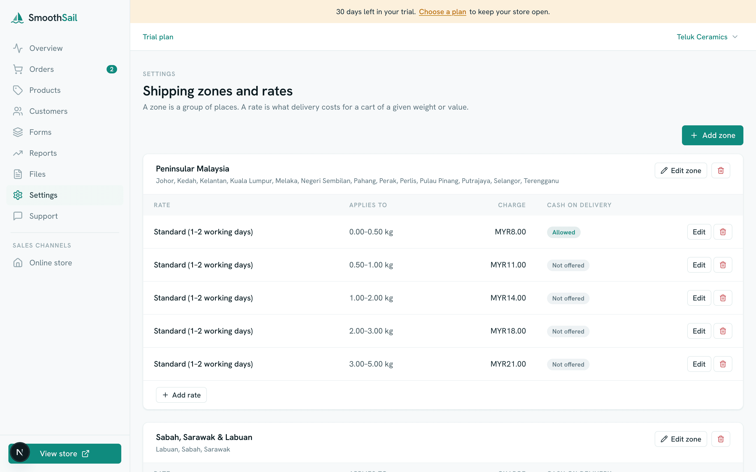 Delivery zones, rates and cash-on-delivery rules